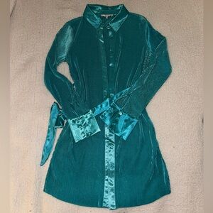 Bright Teal Button-Down Mini Dress / Long Blouse Tie Waist Size Small